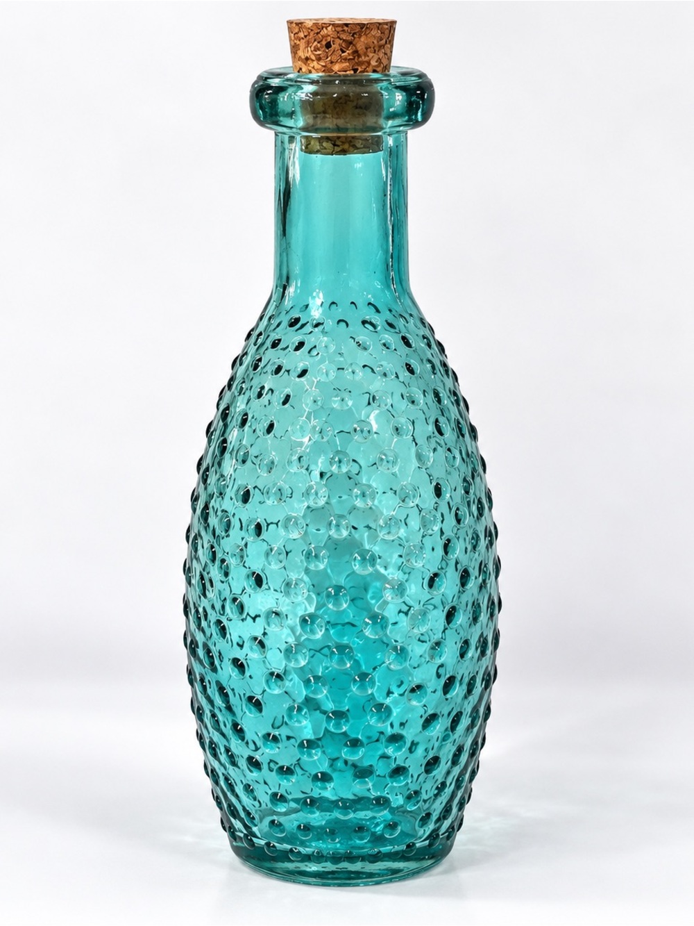 Vintage Aqua Teal Bubble Hobnail Glass Bottle Cork Stopper 8¼” MCM